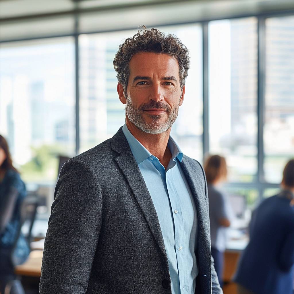 A confident man with curly hair and a beard stands in a modern office, wearing a gray blazer over a light blue shirt, with colleagues in the background.