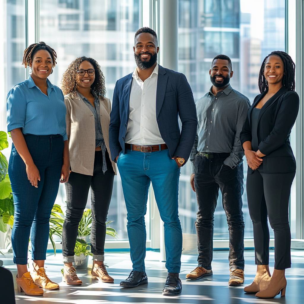 A smiling group of five professionals standing together in an office setting, with large windows showcasing a cityscape in the background.