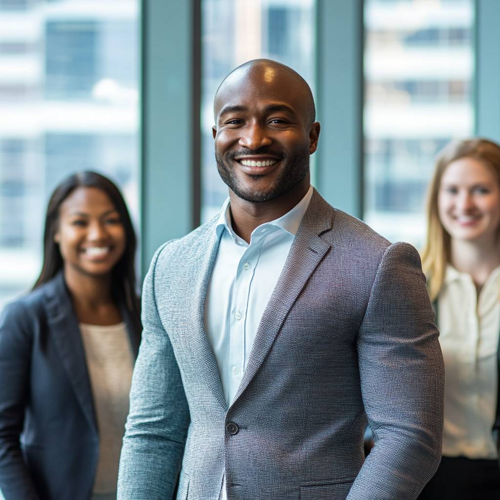 A professional trio poses for a photo in an office setting, with a smiling man in a suit in the foreground and two women behind him.