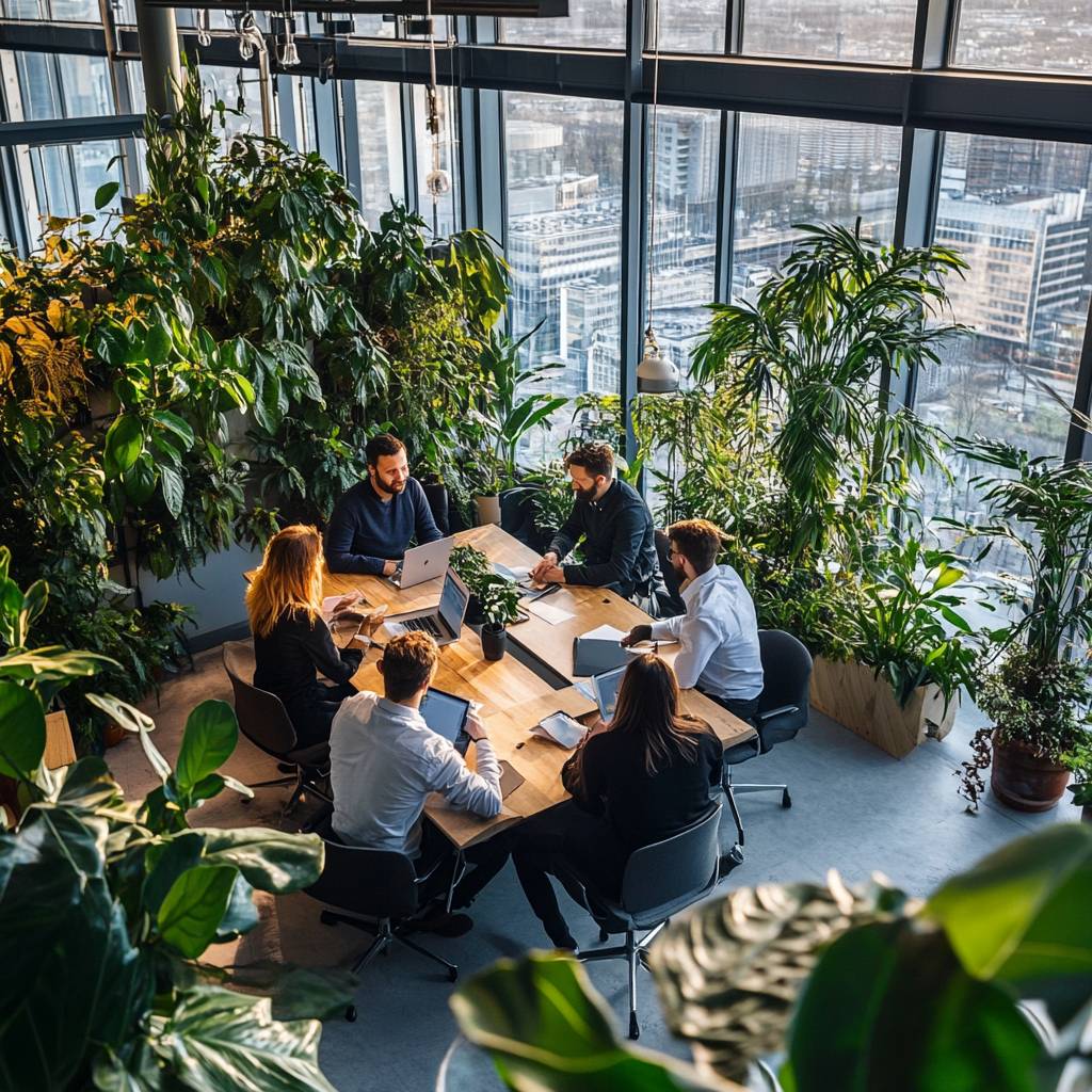 A group of six individuals engaged in a collaborative meeting around a wooden table in a plant-filled, modern office space with large windows.
