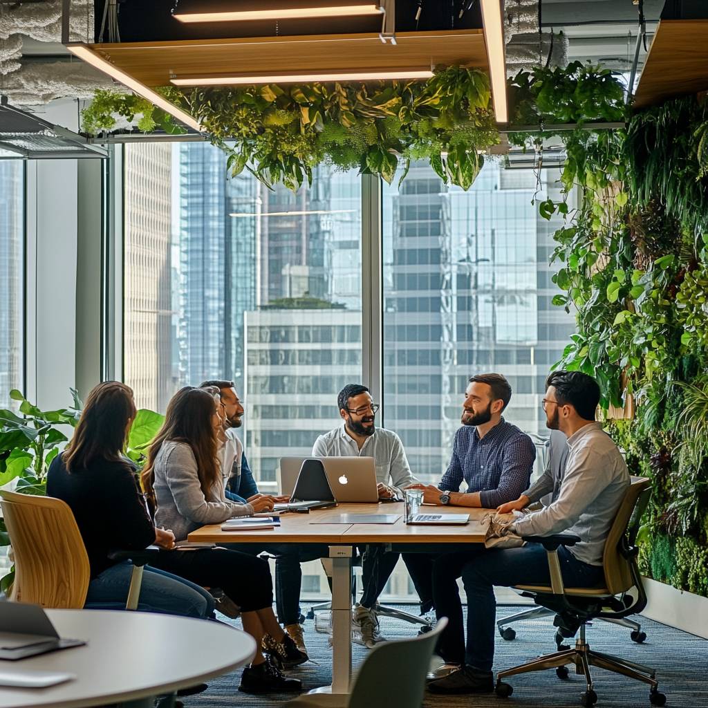 A group of six professionals engaged in a discussion around a modern conference table in a bright, plant-filled office with city views.