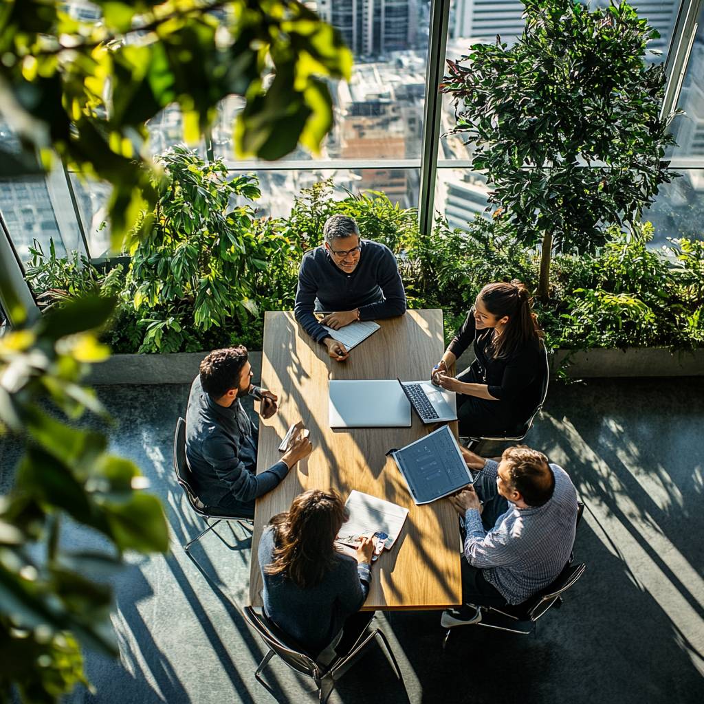 A group of five individuals collaborates around a wooden table in a bright, plant-filled office, with laptops and notebooks in use.