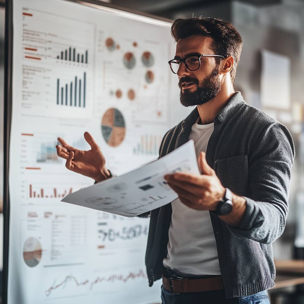 A man with a beard and glasses gestures while presenting documents in front of a large board displaying various graphs and charts in an office setting.