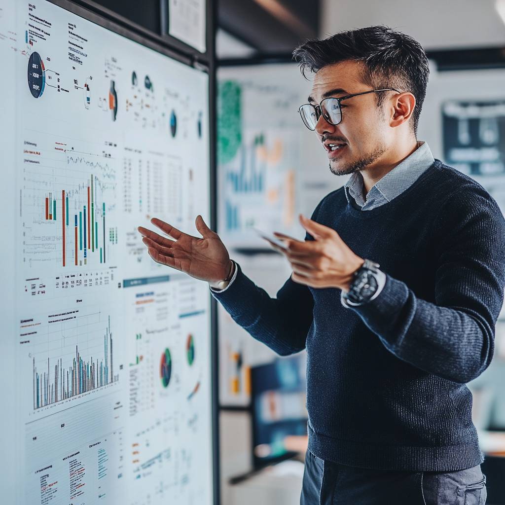 A man in a dark sweater and glasses gestures towards a large screen displaying various data charts and graphs in a professional setting.
