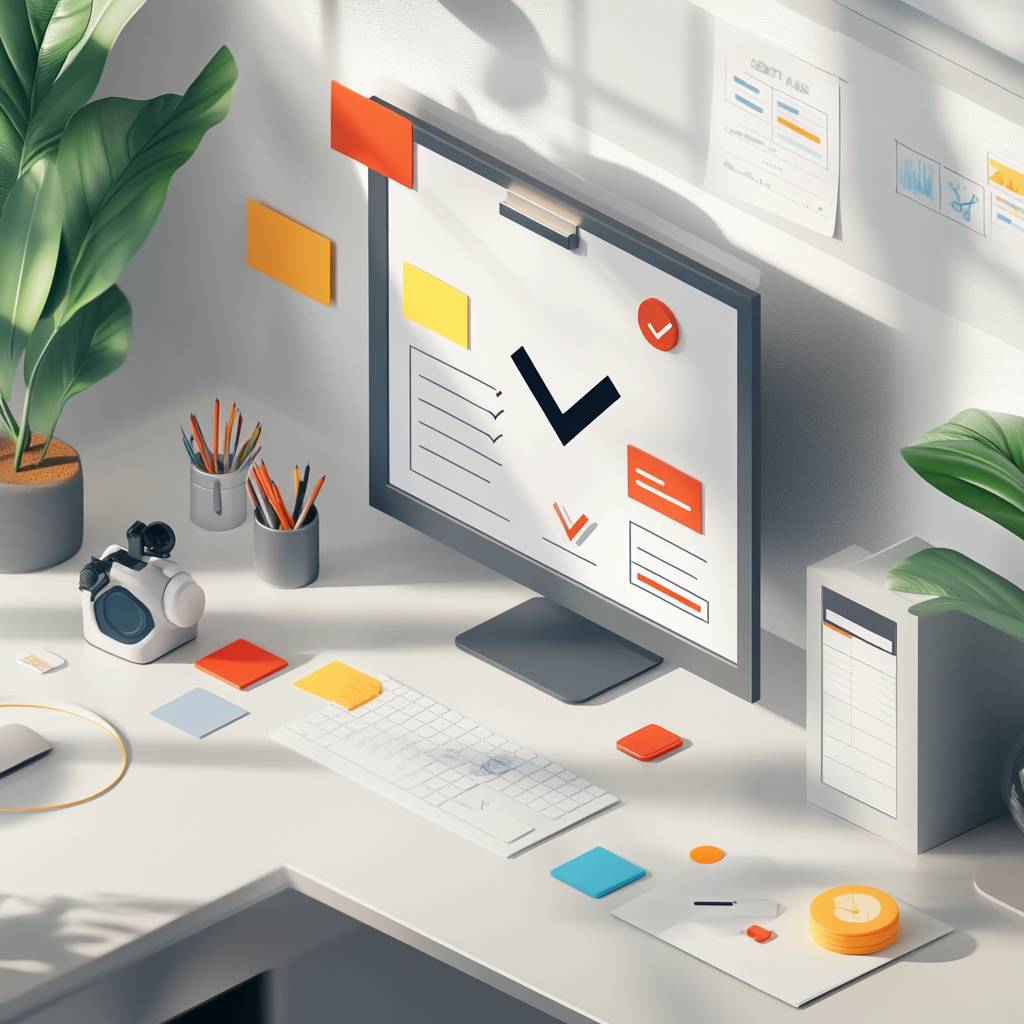 A modern office desk featuring a computer with checklists, sticky notes, a camera, stationery, a clock, and a plant in sunlight.