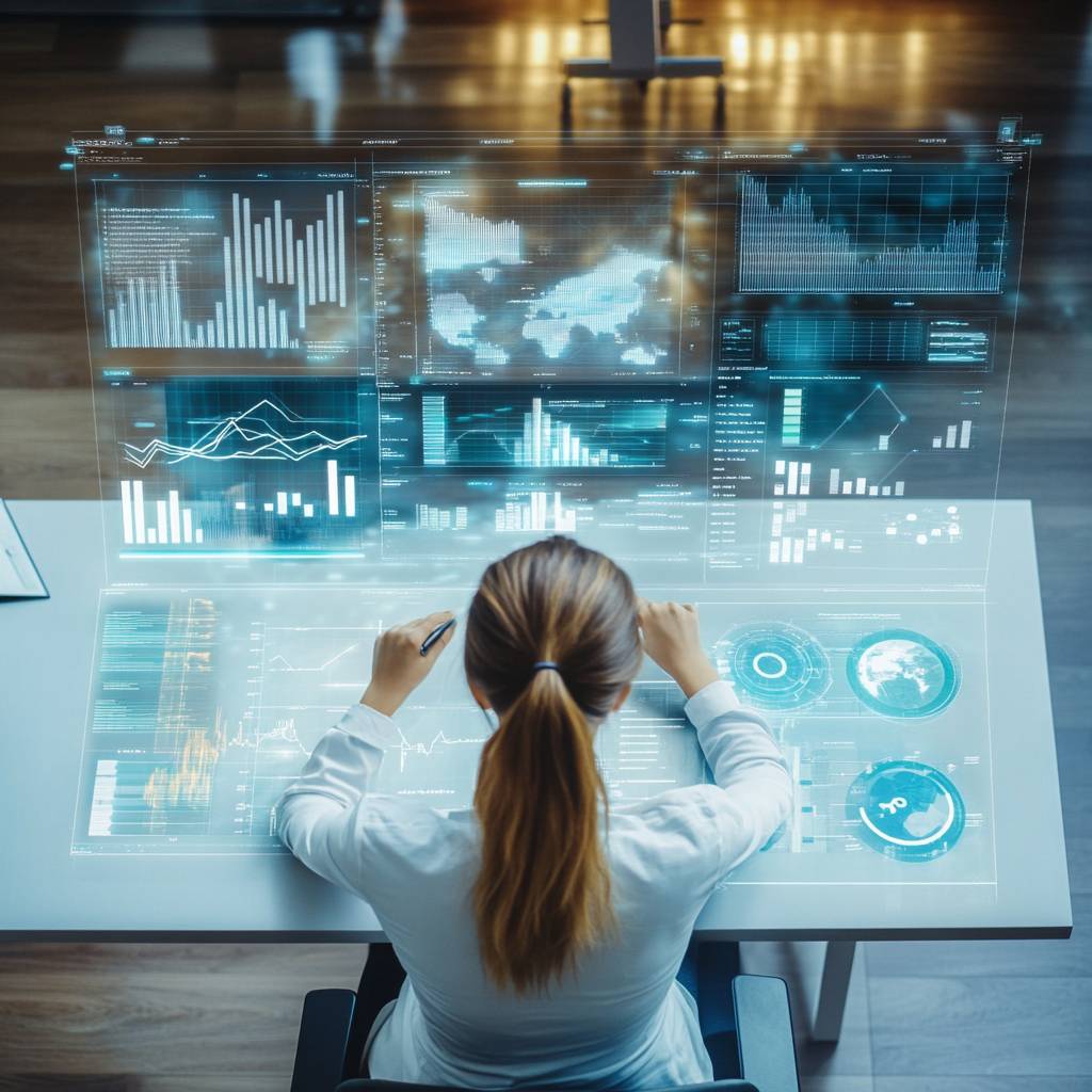 A woman in a white shirt analyzes data on a futuristic digital interface, displaying various graphs and charts, while seated at a desk.