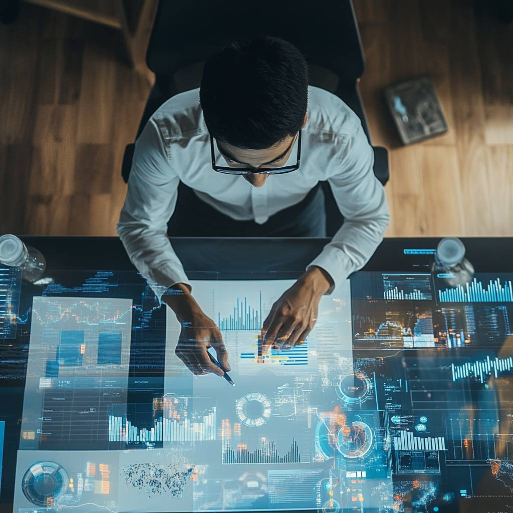 A person in a white shirt and glasses analyzes digital data visualizations on a transparent touchscreen desk, surrounded by technology and graphs.
