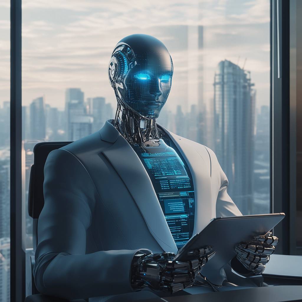 A futuristic humanoid robot with a transparent torso displaying glowing blue circuits sits in a modern office, holding a tablet, with a city skyline in the background.