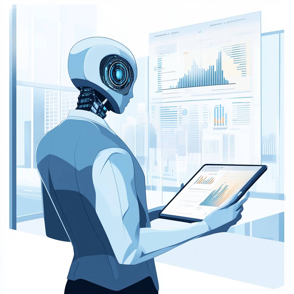 A humanoid robot in a suit holds a tablet, analyzing data displayed on a large screen in a modern office with city views.