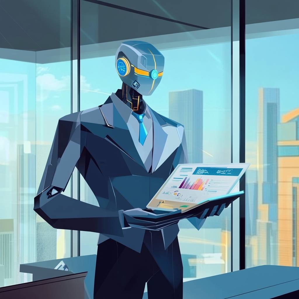 A humanoid robot dressed in a suit holds a laptop displaying colorful graphs, standing in an office with a cityscape view through large windows.