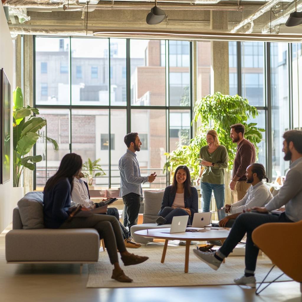 A diverse group of professionals engaged in discussion in a modern office space with large windows and greenery, sitting and standing around a coffee table.