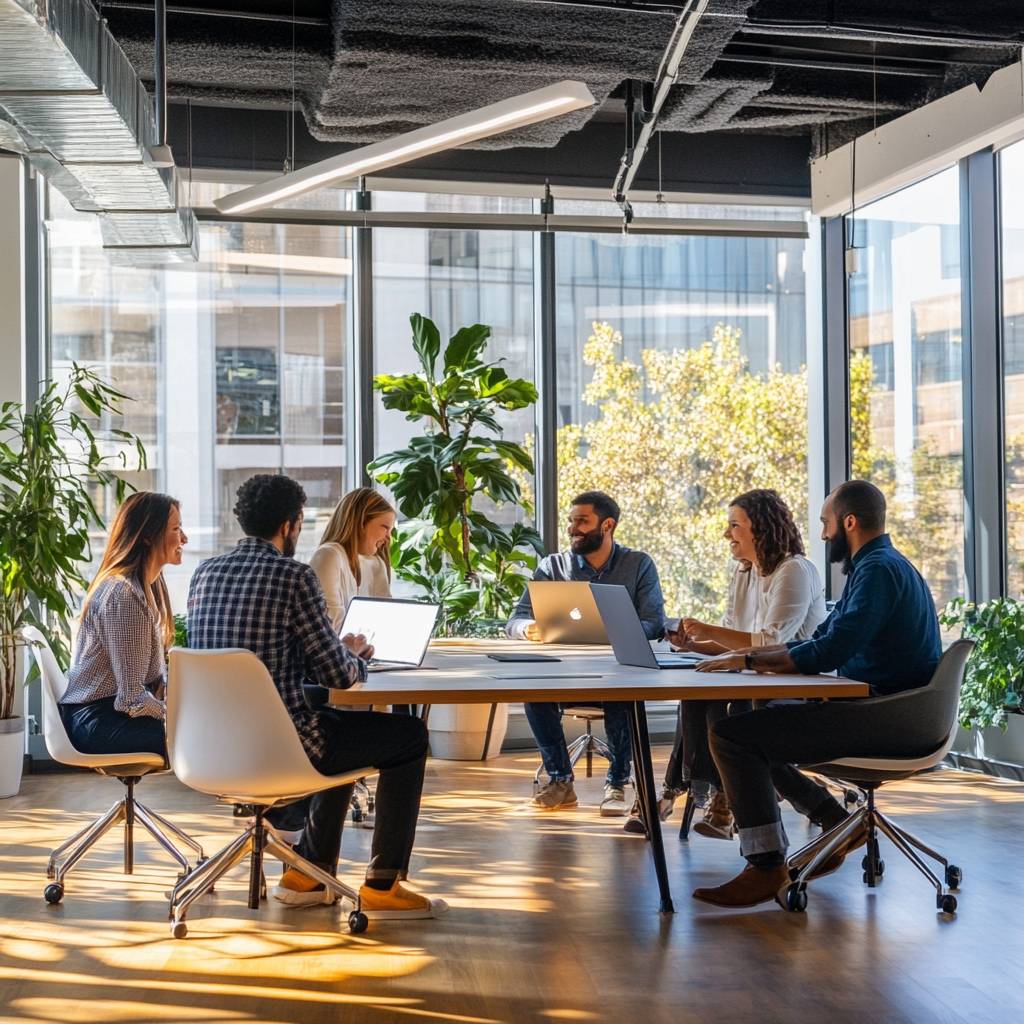 A diverse group of six people collaborating around a table in a modern office with large windows and plants, using laptops and discussing ideas.