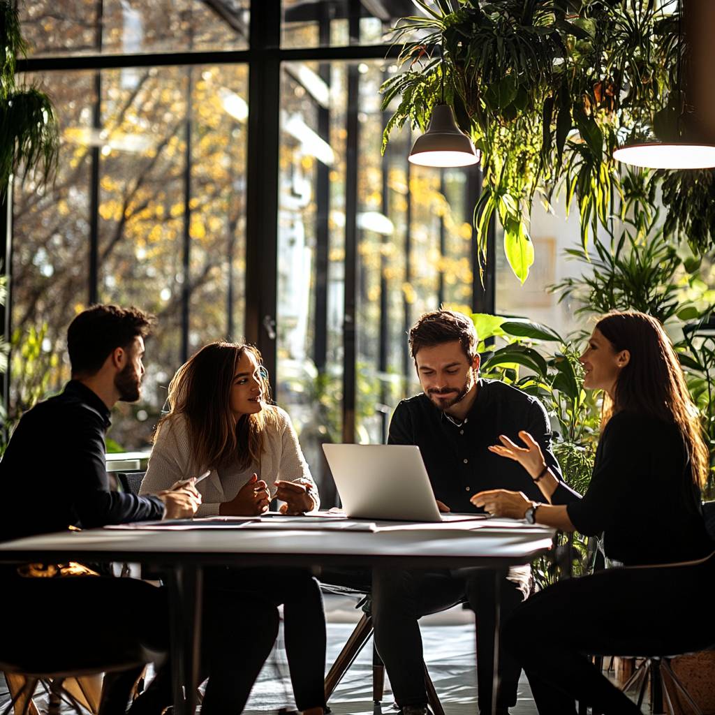 A group of four people engaged in a meeting around a table with a laptop, surrounded by large windows and greenery.
