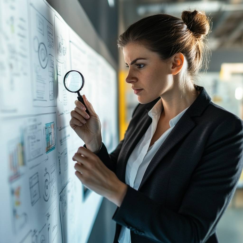 A woman in a suit examines a large paper filled with sketches and diagrams using a magnifying glass, focused and engaged in analysis.