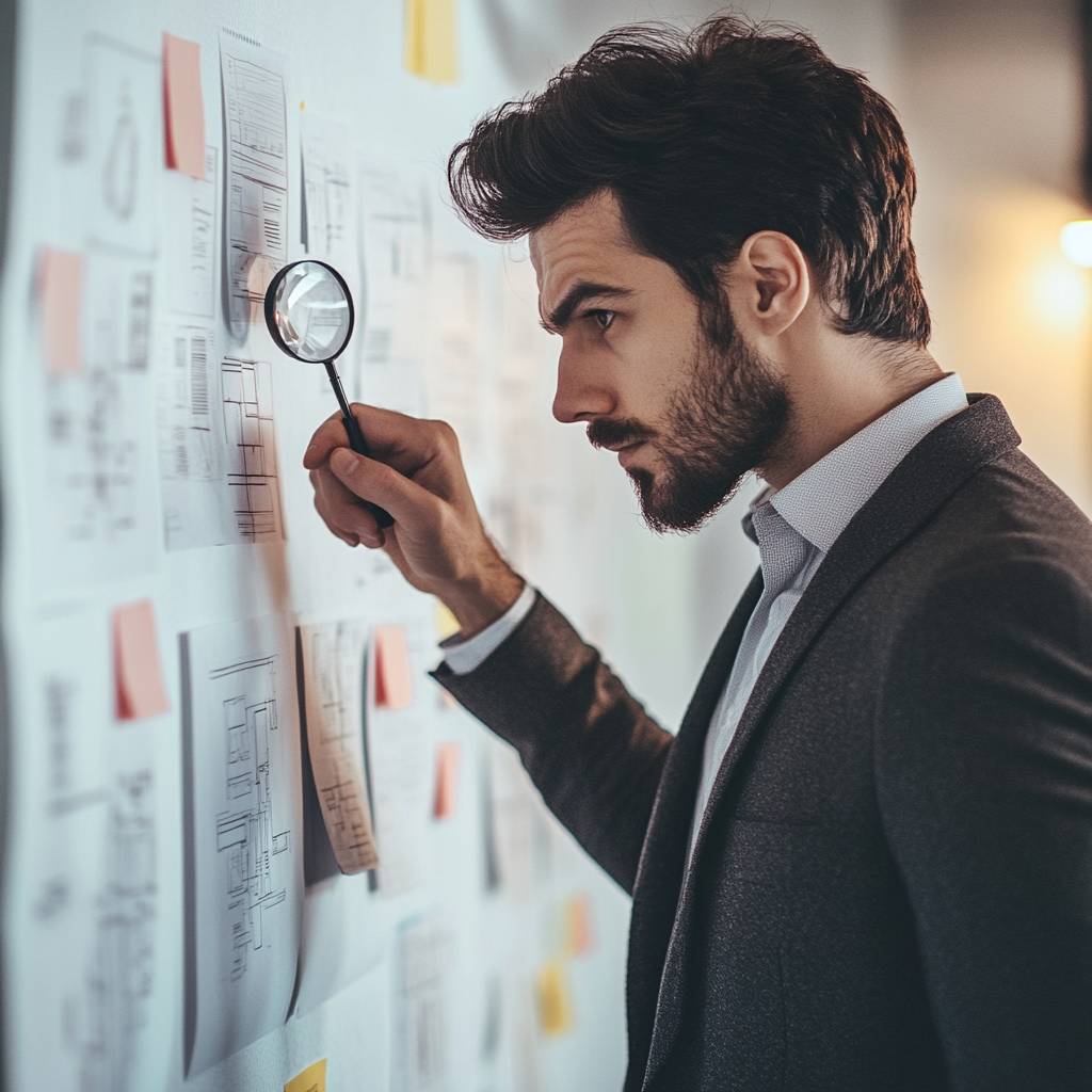 A man in a suit examining notes and documents pinned on a wall, using a magnifying glass to focus on specific details.