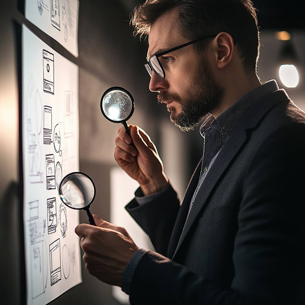 A bearded man in a suit examines sketches on a wall, holding two magnifying glasses and focusing intently on the details.
