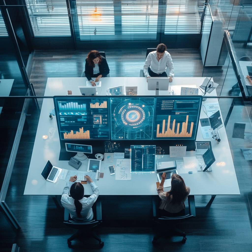 Aerial view of a modern office with four professionals working at a high-tech table featuring multiple monitors displaying data analytics and reports.