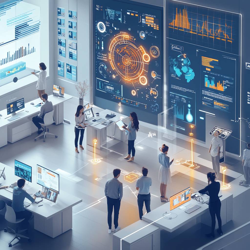 A modern workspace featuring people collaborating around large digital displays, computers, and interactive data visuals, emphasizing technology and teamwork.