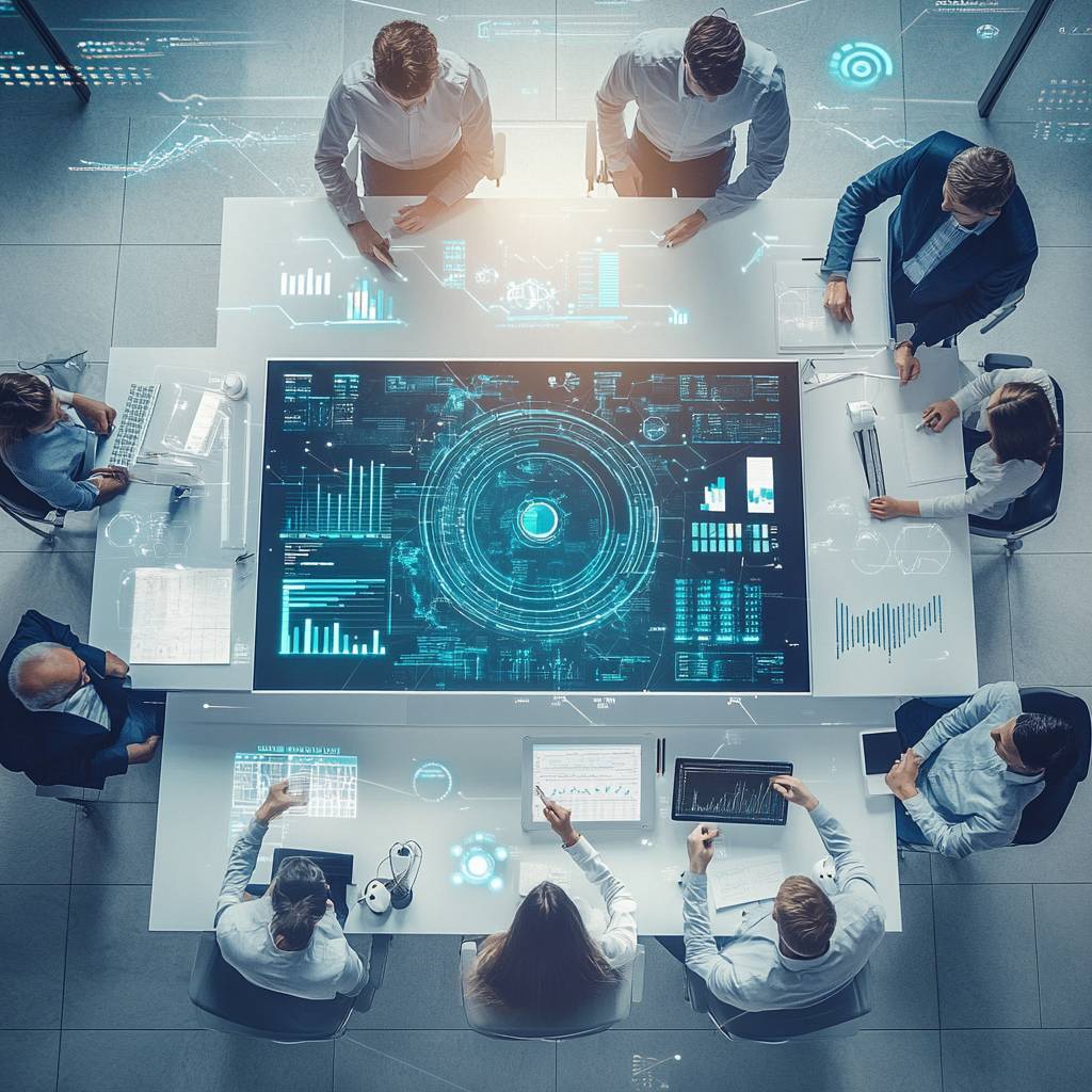 Aerial view of a modern conference room with professionals discussing data displayed on a large interactive digital screen and various devices.