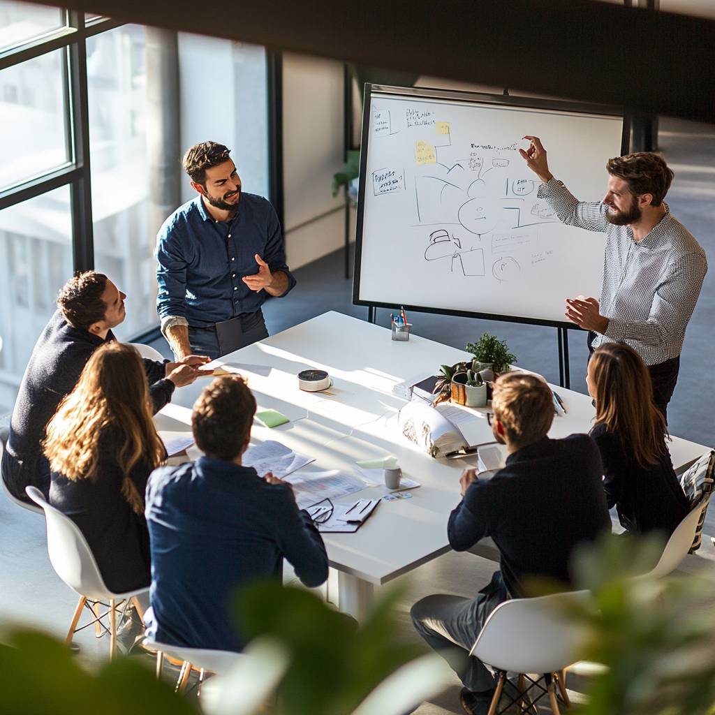 A diverse group of professionals engaged in a brainstorming session around a conference table, featuring a whiteboard with diagrams and notes.