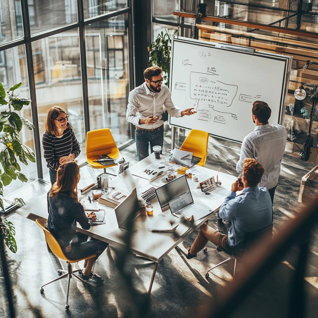 A diverse group of professionals engaged in a meeting around a large table, with laptops, notes, and a whiteboard in a bright office space.