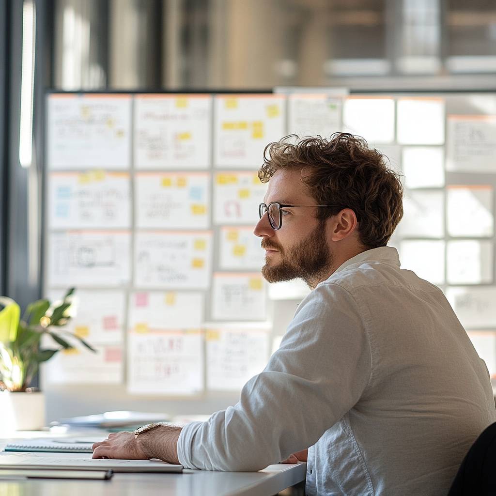 A man with curly hair and glasses sits at a table, focused intently on a notebook, with a wall of colorful notes and plans behind him.