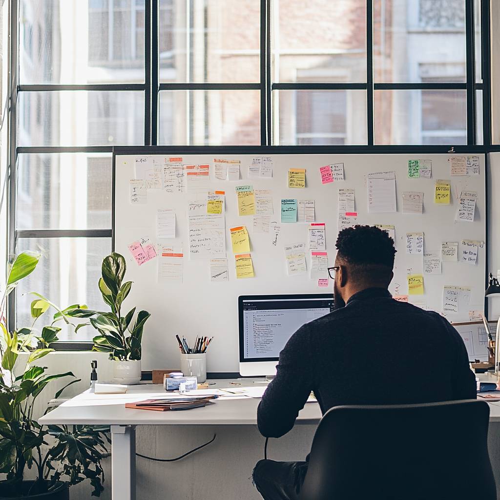 A man sits at a desk with a computer, facing a whiteboard covered in colorful sticky notes, surrounded by plants and office supplies.