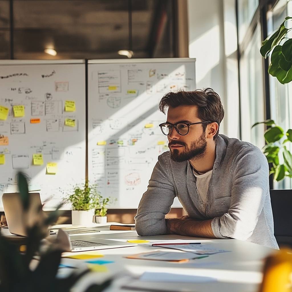 A man with glasses and a beard sits at a desk, reflecting thoughtfully in an office with a whiteboard filled with notes and a plant nearby.