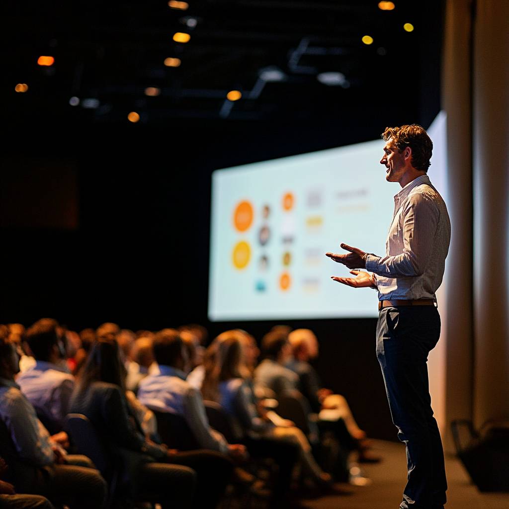 A man stands on stage speaking to an audience, with a presentation screen displaying graphics and text in the background.