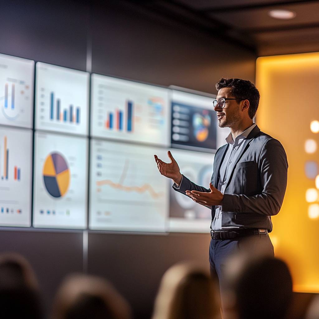 A man in a suit gestures while presenting data on multiple screens in a modern conference room, with an engaged audience in the foreground.
