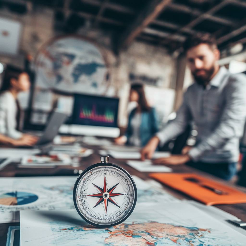 A compass sits on a table covered with maps, while blurred figures work on laptops and documents in a modern office setting.