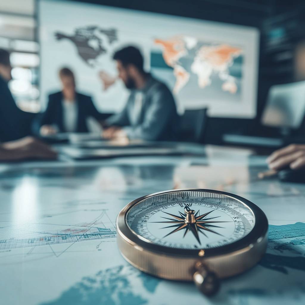 A compass rests on a map in a modern conference room where blurred figures engage in discussion, with screens displaying world maps in the background.