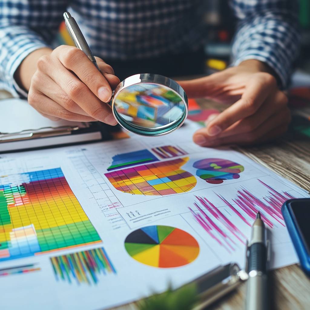 A person analyzing colorful graphs and charts with a magnifying glass, surrounded by a clipboard, pens, and a smartphone on a wooden desk.