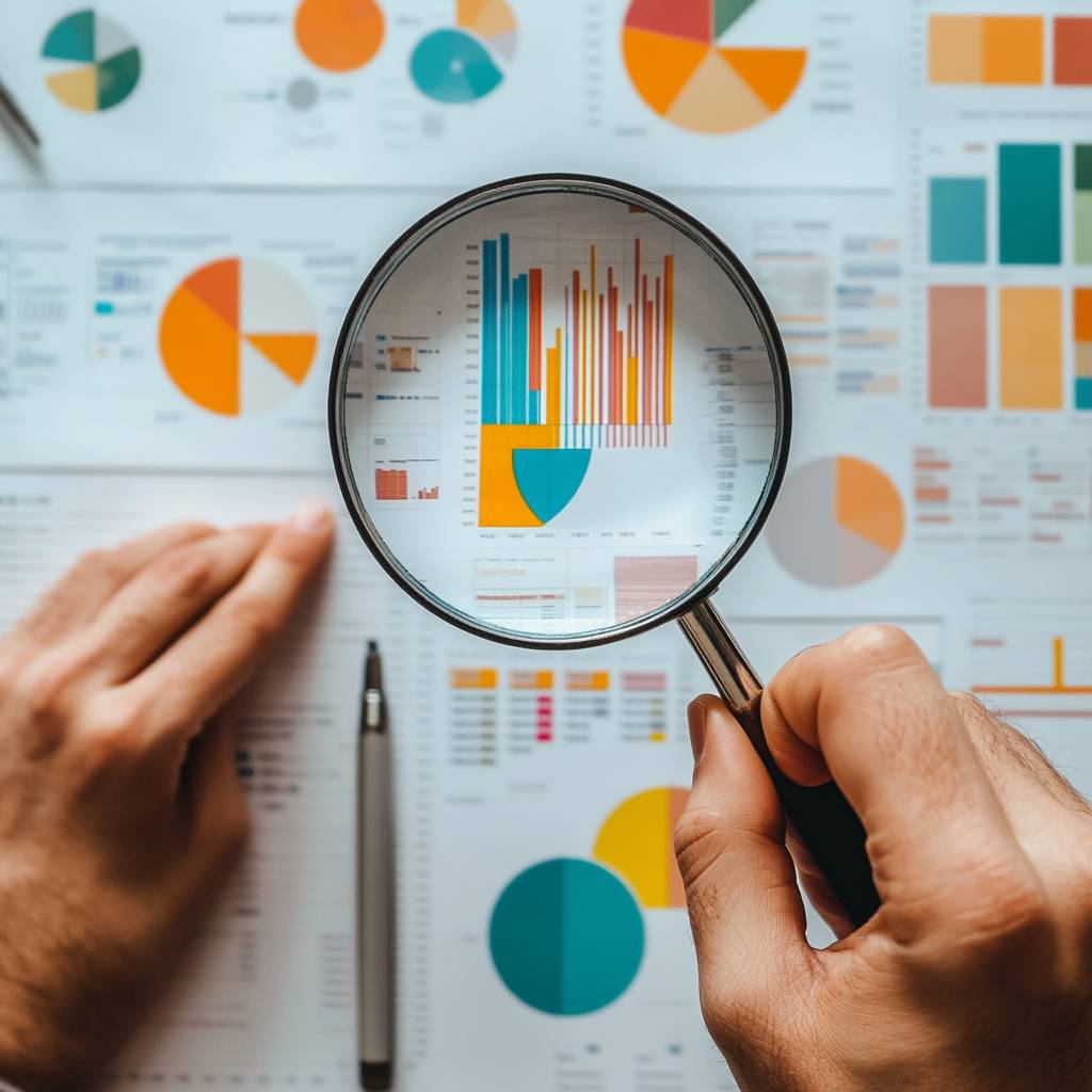 A hand holding a magnifying glass focuses on colorful bar graphs and pie charts on a desk covered with various data sheets and a pen.