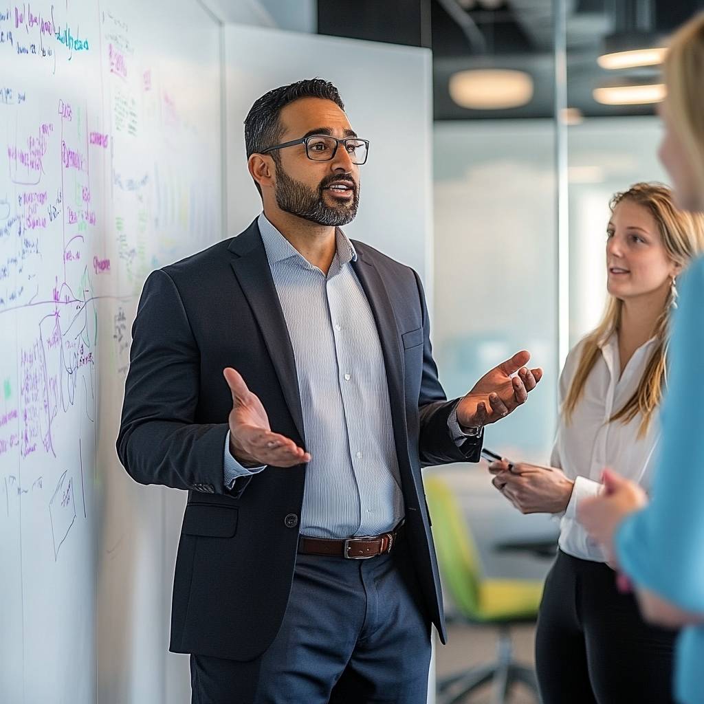 A man in a suit gestures while speaking to two women in a modern office setting, with diagrams and notes on a glass wall behind them.