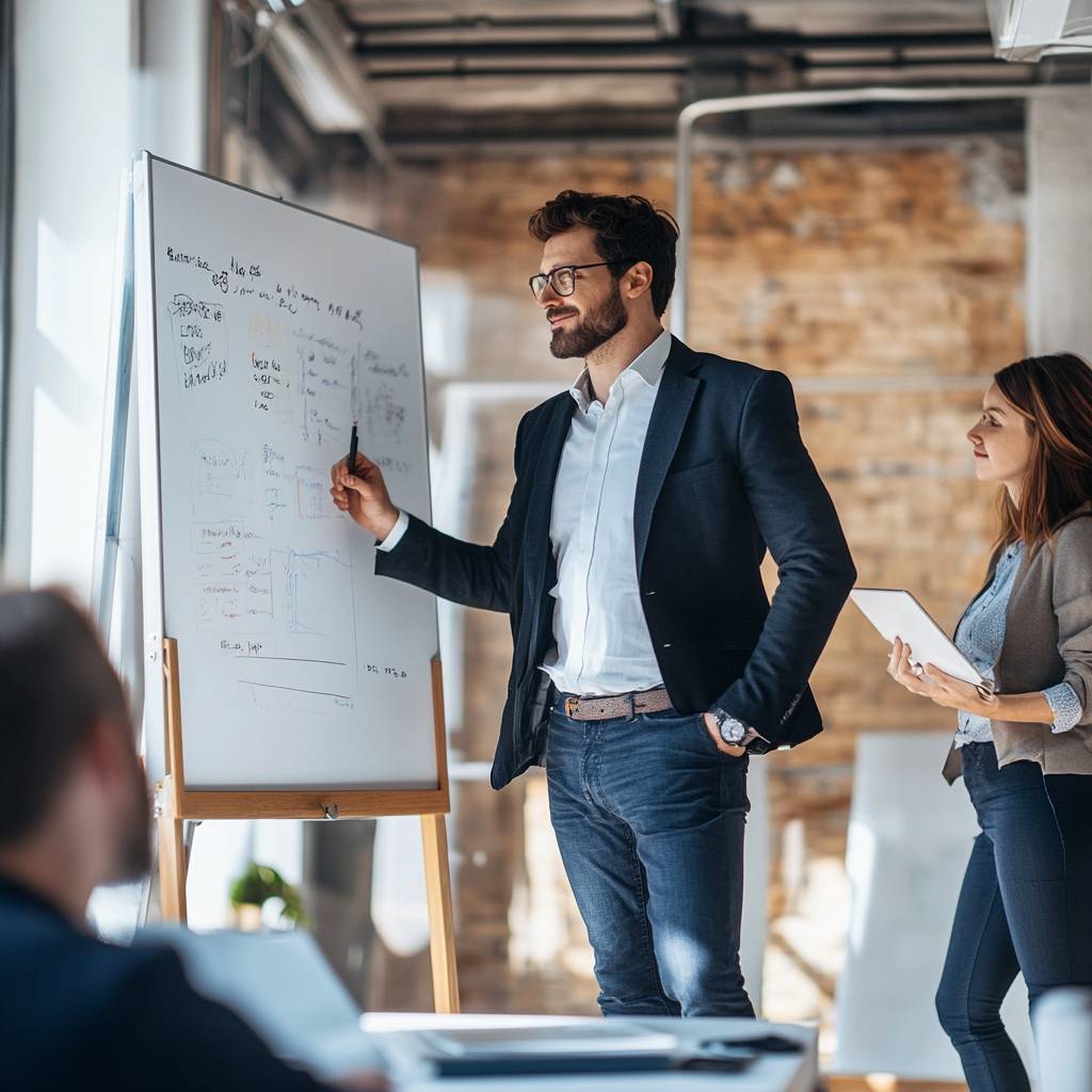 A man in a suit presents data on a whiteboard, while a woman stands beside him holding a tablet, both in a modern office setting.