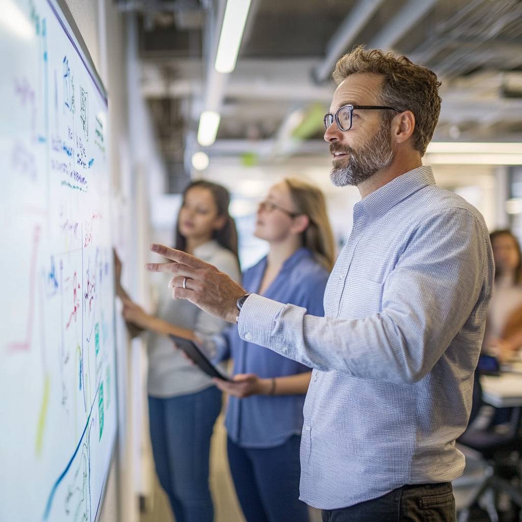 A man in a button-up shirt discusses notes on a whiteboard with two women, one holding a tablet, in a modern office space.