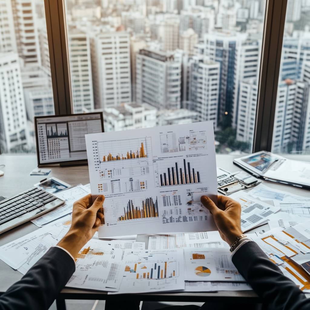 A person wearing a suit holds reports with graphs and charts at a desk, with numerous papers scattered and a city skyline visible through the window.