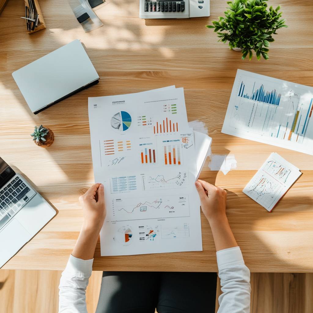 Aerial view of a workspace with charts and graphs printed on papers, a laptop, calculator, small plant, and stationery on a wooden table.