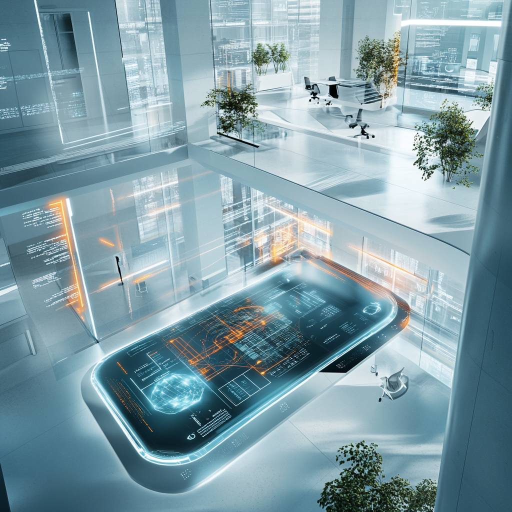 A modern office interior featuring a futuristic holographic display table surrounded by glass walls, plants, and a sleek workspace with chairs.