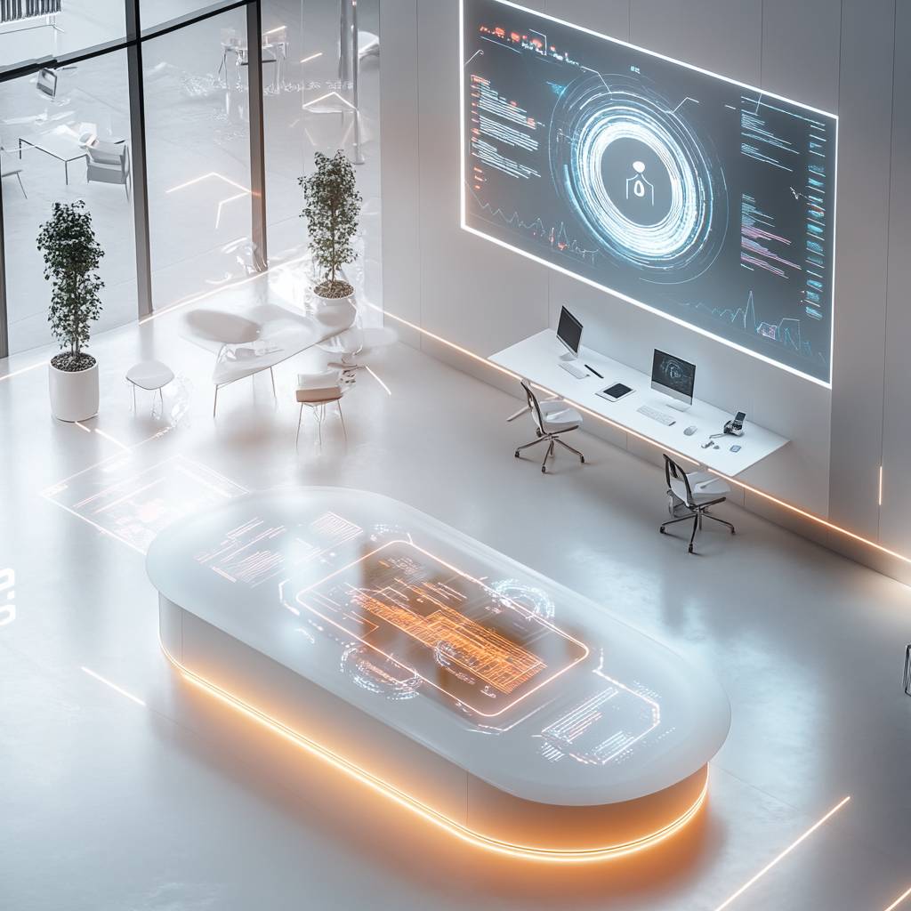 A modern office space featuring a futuristic table with digital displays, two computers on a desk, and stylish seating near large windows.