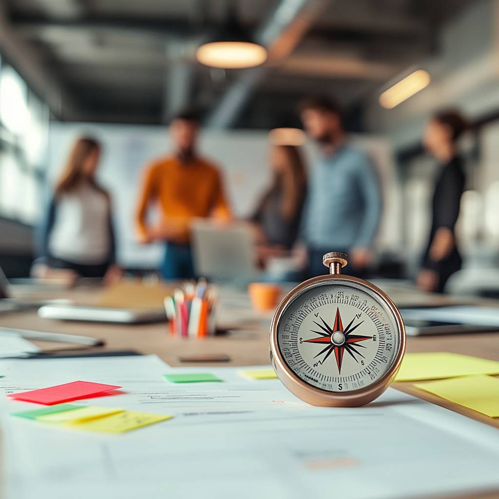 A compass sits on a table with papers and sticky notes, while blurred figures of people collaborate in the background of a modern office space.