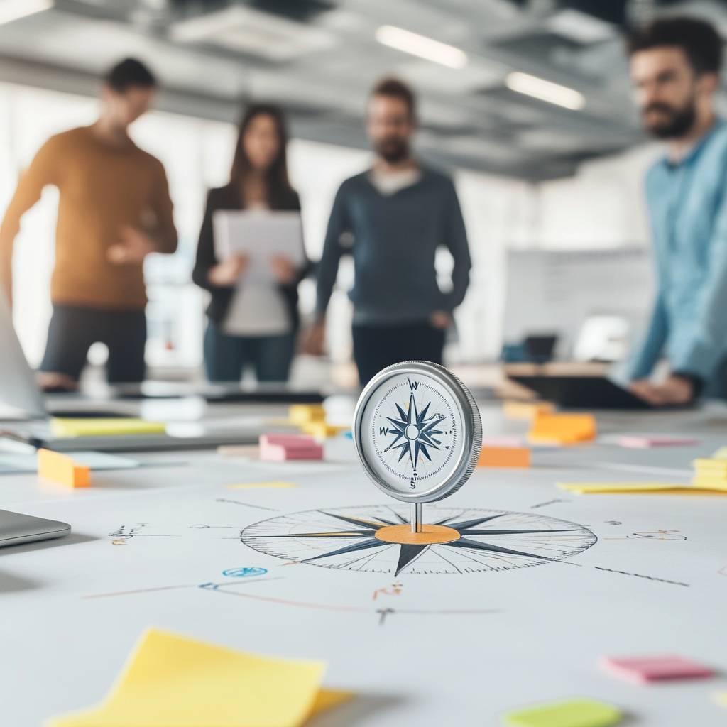 A compass sits on a table covered with notes and sketches, while four people discuss in the background of a modern workspace.