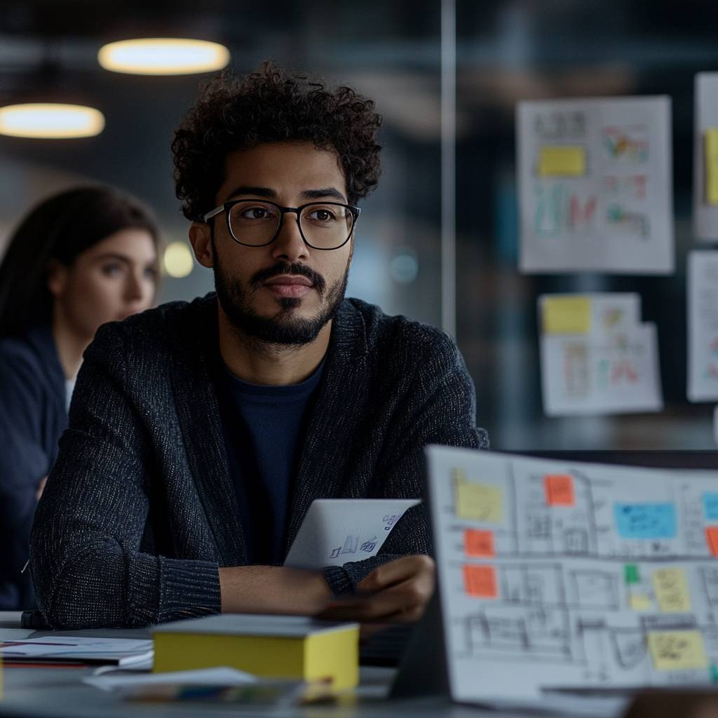 A focused man with curly hair and glasses sits at a table with papers and a laptop, while a woman is visibly engaged in the background.