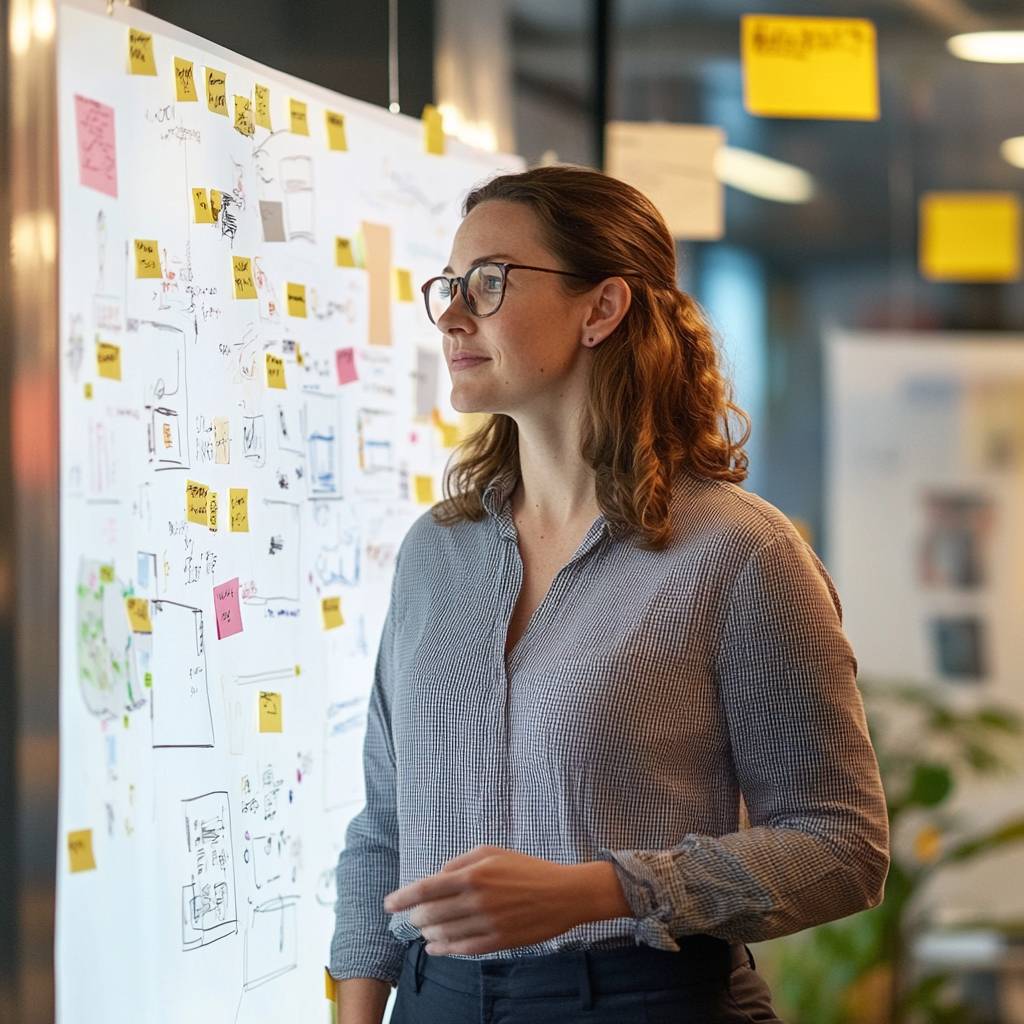 A woman with curly hair and glasses stands thoughtfully in front of a large whiteboard covered in sketches and colorful sticky notes.