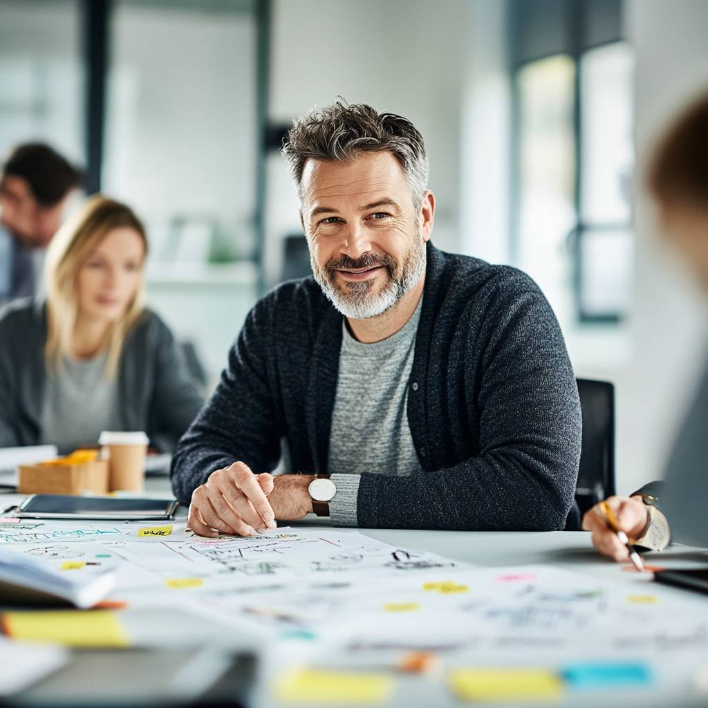 A smiling man with a beard and a gray sweater sits at a table covered with papers and notes, engaged in a group meeting.