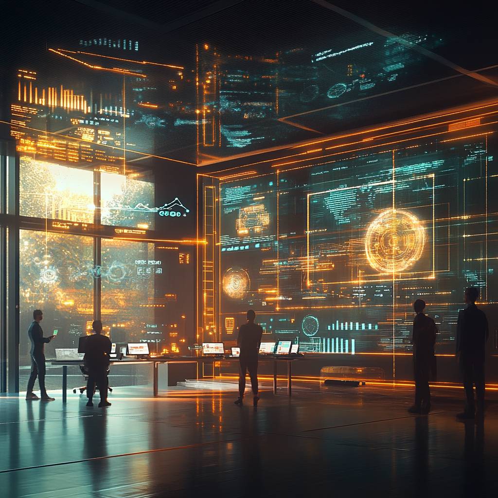 A futuristic control room with virtual displays, glowing interfaces, and silhouettes of people analyzing data against a scenic view outside.