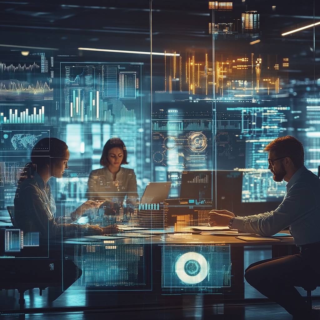 Three professionals engage in a meeting in a modern office, surrounded by digital data displays and graphs, brainstorming and analyzing information.
