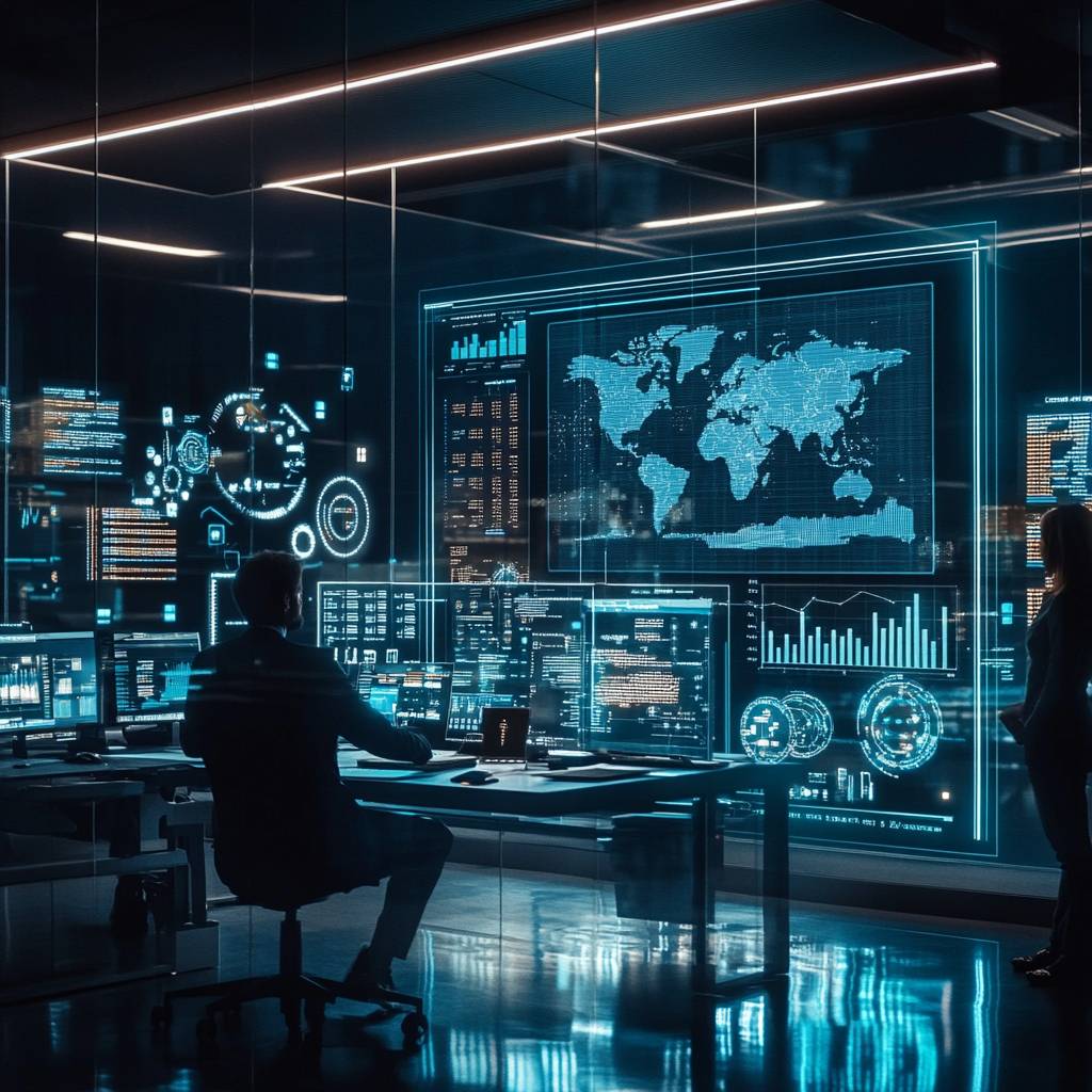 A person sits at a modern desk with multiple screens displaying data, charts, and a world map in a high-tech environment with blue lighting.