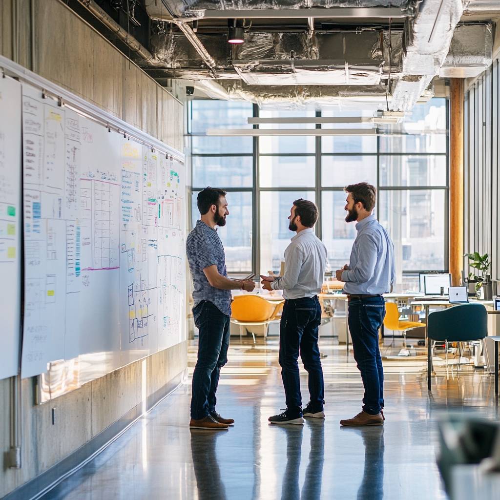 Three men stand in a modern office space, engaged in conversation near a whiteboard filled with notes and diagrams, large windows behind them.